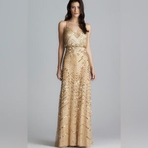 Adrianna Papell Chevron Beaded Blouson Gold Maxi Dress - Size 6